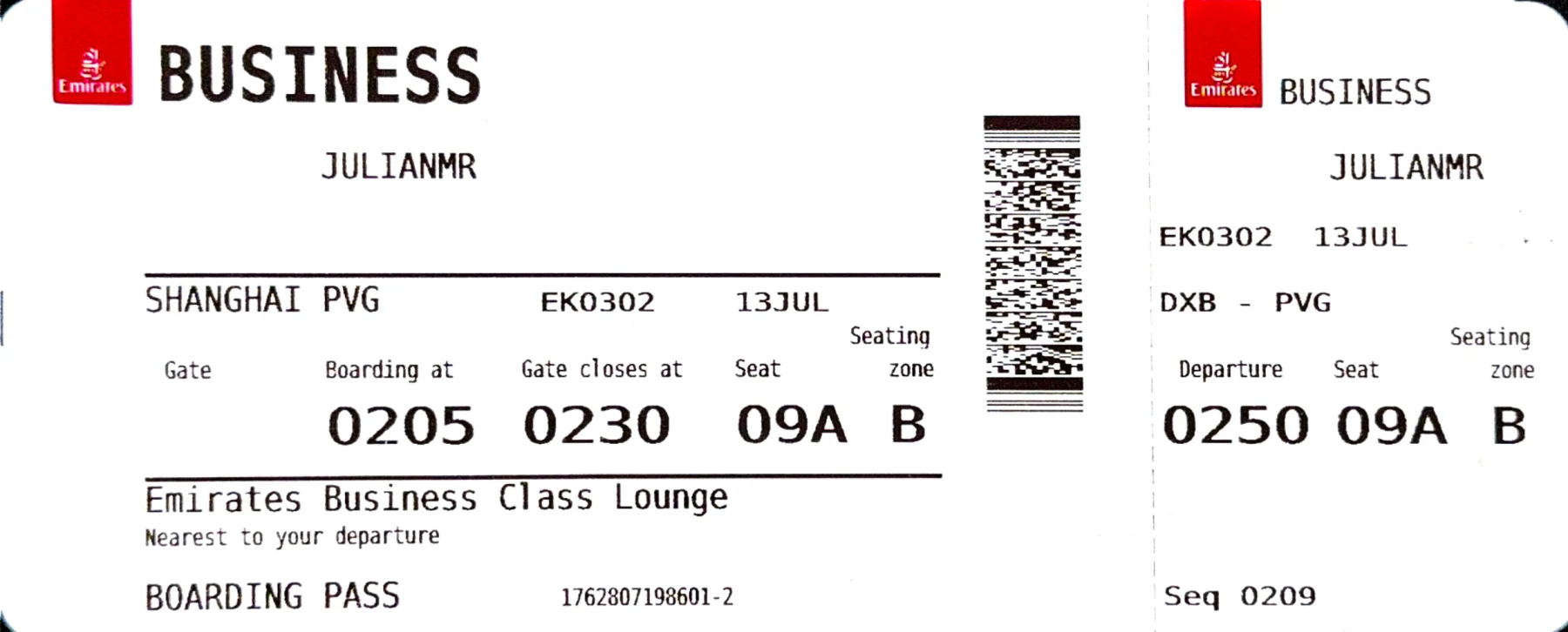 Emirates business class boarding pass to Shanghai